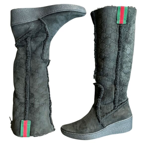 Gucci GG Monogram Web Black Suede Knee High Boots Size 7 Wedge Heel 14" Shaft - Picture 6 of 11